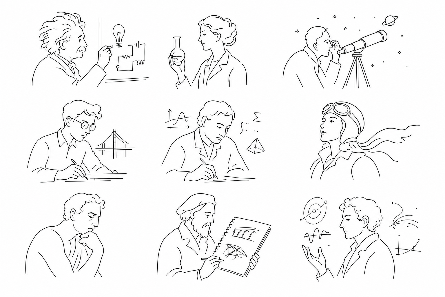 Line drawings of inventors, scientists, and dreamers